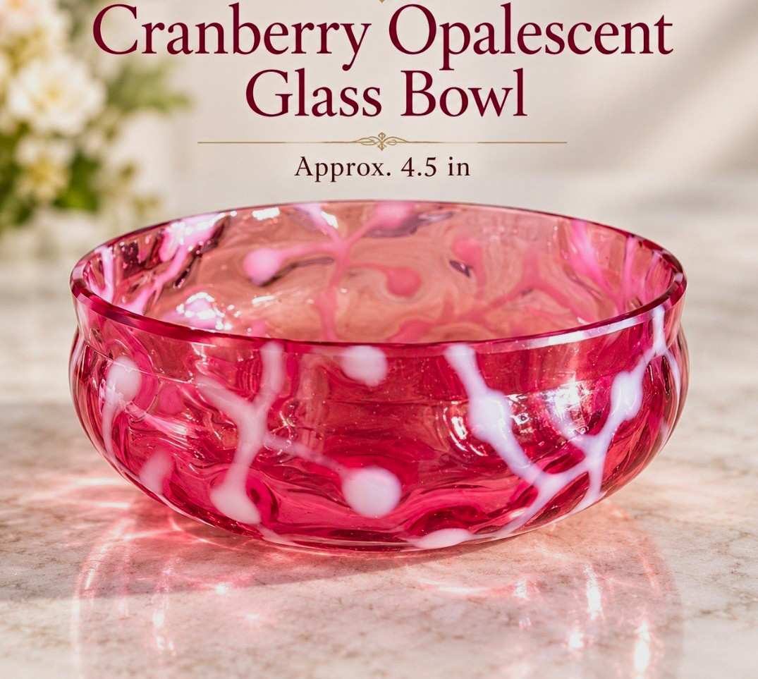 Antique Victorian cranberry opalescent art glass berry bowl circa 1890