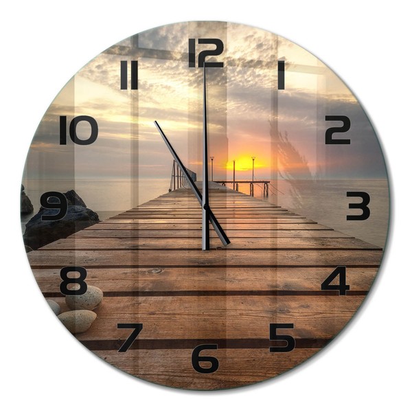 Glasuhr Runde Glas-Wanduhr Mit Leisem Uhrwerk Holzsteg Schwarze Zeiger Fi60 Cm-image