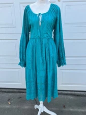 Tolani Eyelet Midi Dress Tunic Sundress  Blue Puff Sleeve Embroidered Boho XL