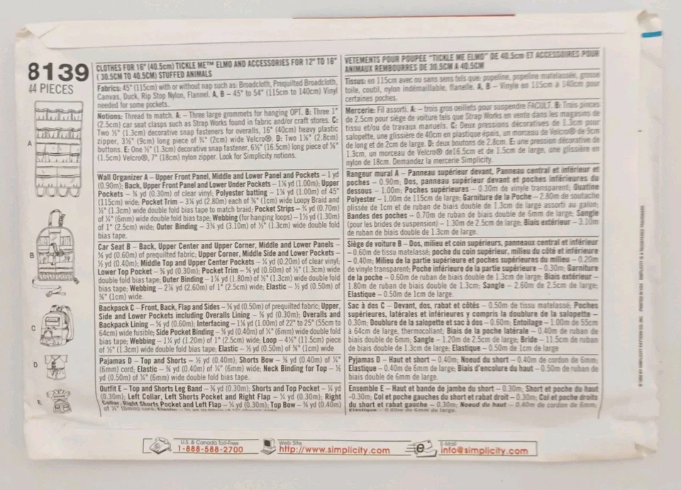 Simplicity Pattern 8139 Craft Sesame Street ELMO Clothes Wall Organizer Backpack - Image 3 of 3