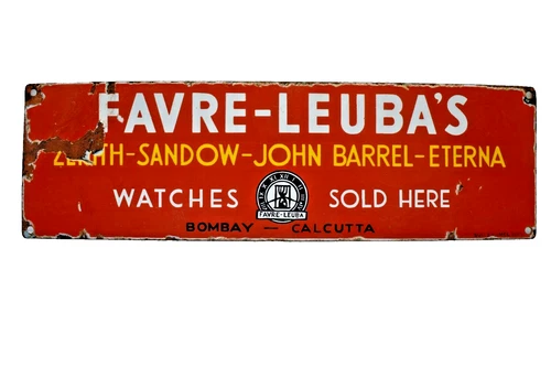 Vintage Favre Leuba Porcelain Enamel Sign 20x6 Bombay Calcutta Watch Advertising