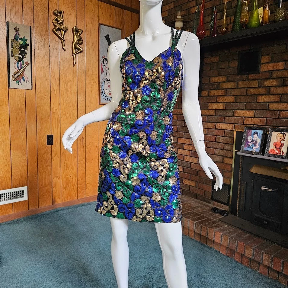Vtg 80s Mardi Gras Sequin Strappy Cocktail Wiggle Mini Drag Ball Party Dress S/M - Image 2 of 4