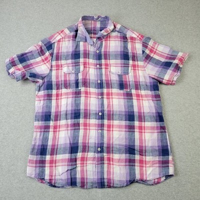 Bugatchi Uomo 100% Linen Shirt Mens 2XL XXL Shaped Fit Plaid Pockets Button Up