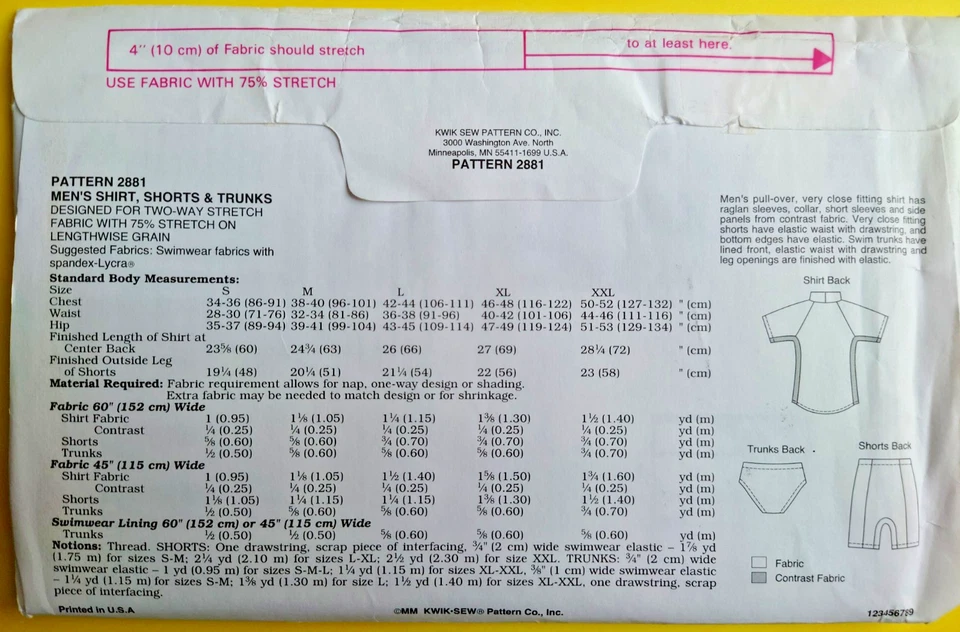 Kwik Sew Pattern 2881 Men's Performance Swim Shirt Shorts & Trunks Costume S-XXL - Image 2 of 4