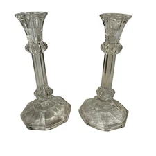 Two Glass 8” Candlesticks With A Unique Design. Has Octagon Base. Thick Glass.