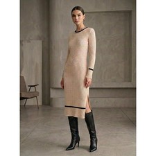 Everlane Midi Sweater Dress Women Ribbed Knit Cream Black Trim Long Sleeve S