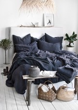 Linen Bedding Set in Midnight Blue, 2 Pillowcases Duvet Cover 3 Piece Set