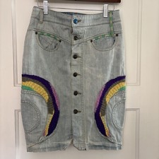 Oilily Vintage Women  s Skirt Size 34 Denim Button Front Embroidered Pockets