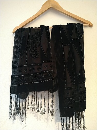 Black Velvet Pattern Scarf Wrap Shawl, Winter Scarf, (62x44")