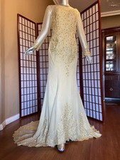 Mermaid Gold Sequins Long Sleeve Lace Formal Prom Party Wedding Dress with Train