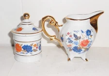 VINTAGE SPAIN GUILLEN PORCELAIN CREAMER & SUGAR BOWL GOLD FLOWERY DESIGN