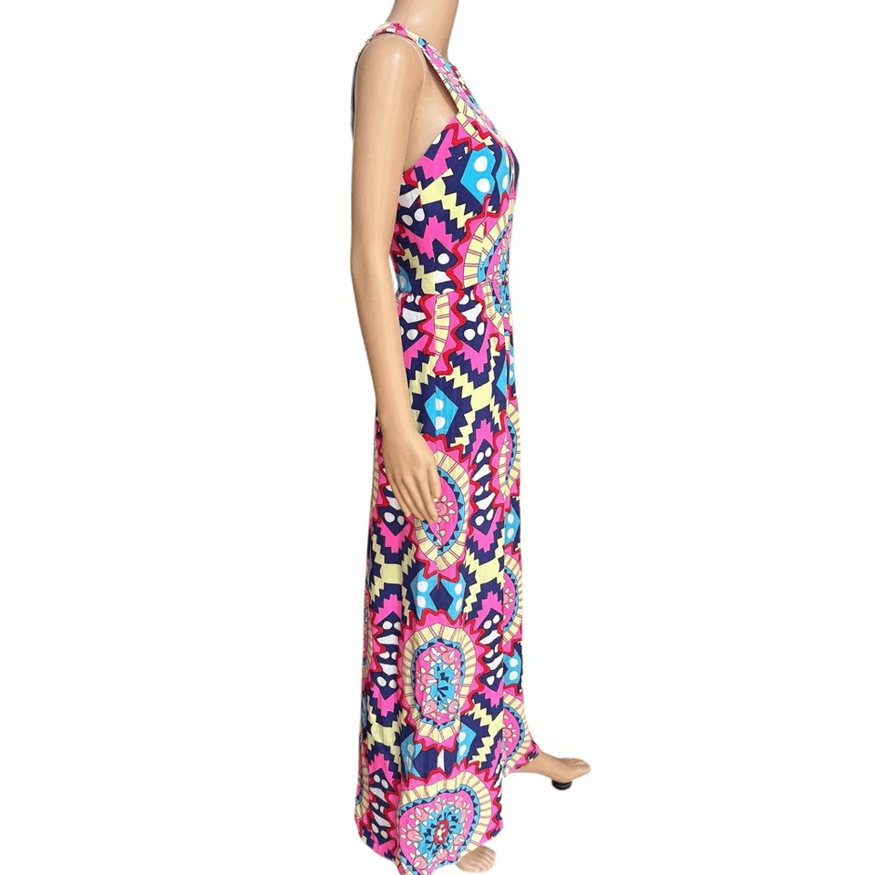 Vestido maxi Annie Griffin geométrico neon 100% seda sem mangas corrida costas tamanho 4 - Imagem 2 de 4