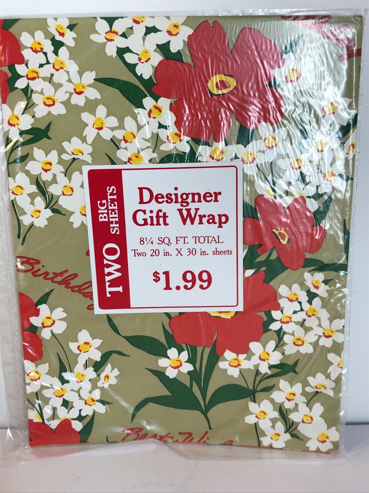 NOS 1980's Vintage Red flowers Best Wishes Happy Birthday Craft Gift Wrap Paper 