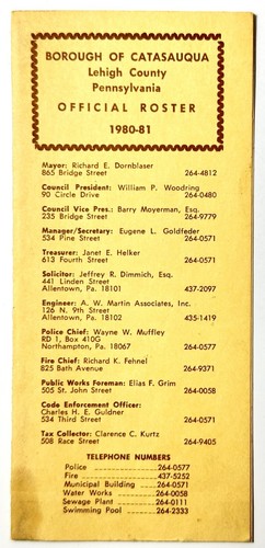 Catasauqua PA Official Roster 1980 1981 Councilmen Officers Police Chief 2759