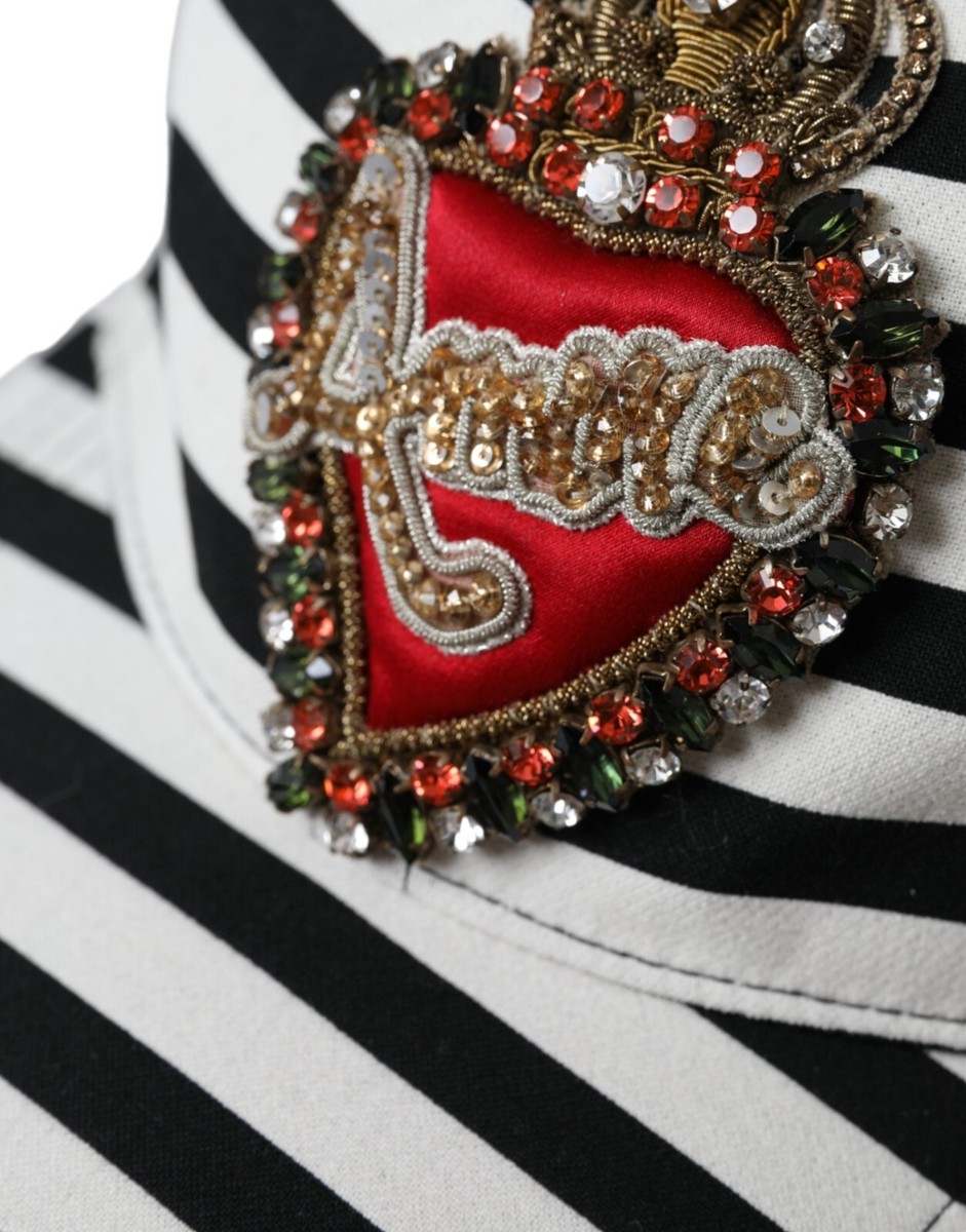 DOLCE & GABBANA Hat Black White Stripe Amore Heart Applique