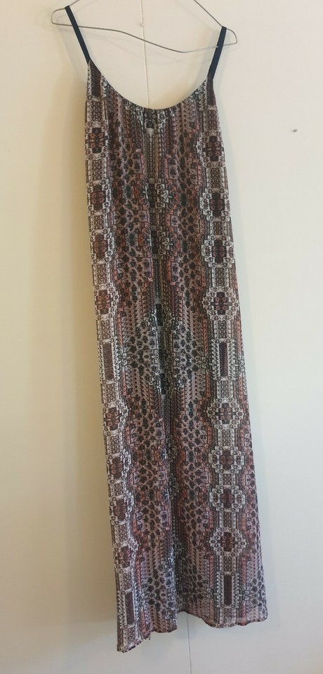 Printed Brown Round Neck Maxi Kaftan Dress Back Strap Size 12 Medium $4 EXPRESS
