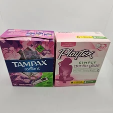 2 Sealed Boxes Tampons: TAMPAX radiant 14 ct SUPER Playtex 9 ct Regular + Super