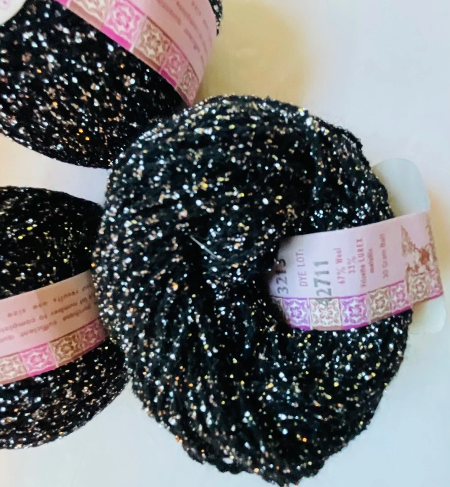 Reynolds Cotillion Frisette Wool/Lurex Yarn Lot of 2 LurexNew Vintage Black/Met - Image 3 of 4