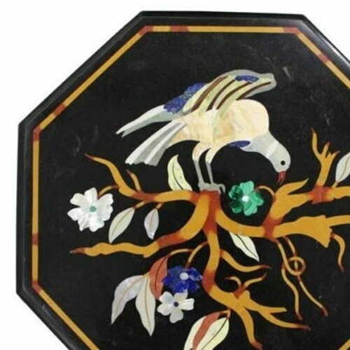 12" black coffee center marble table top inlay malachite home decor antique - Image 2 of 4