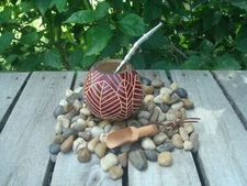 Argentina Mate Gourd- Hand Made - Red Leafs - Straw + Spoon BONUS- Yerba Mate
