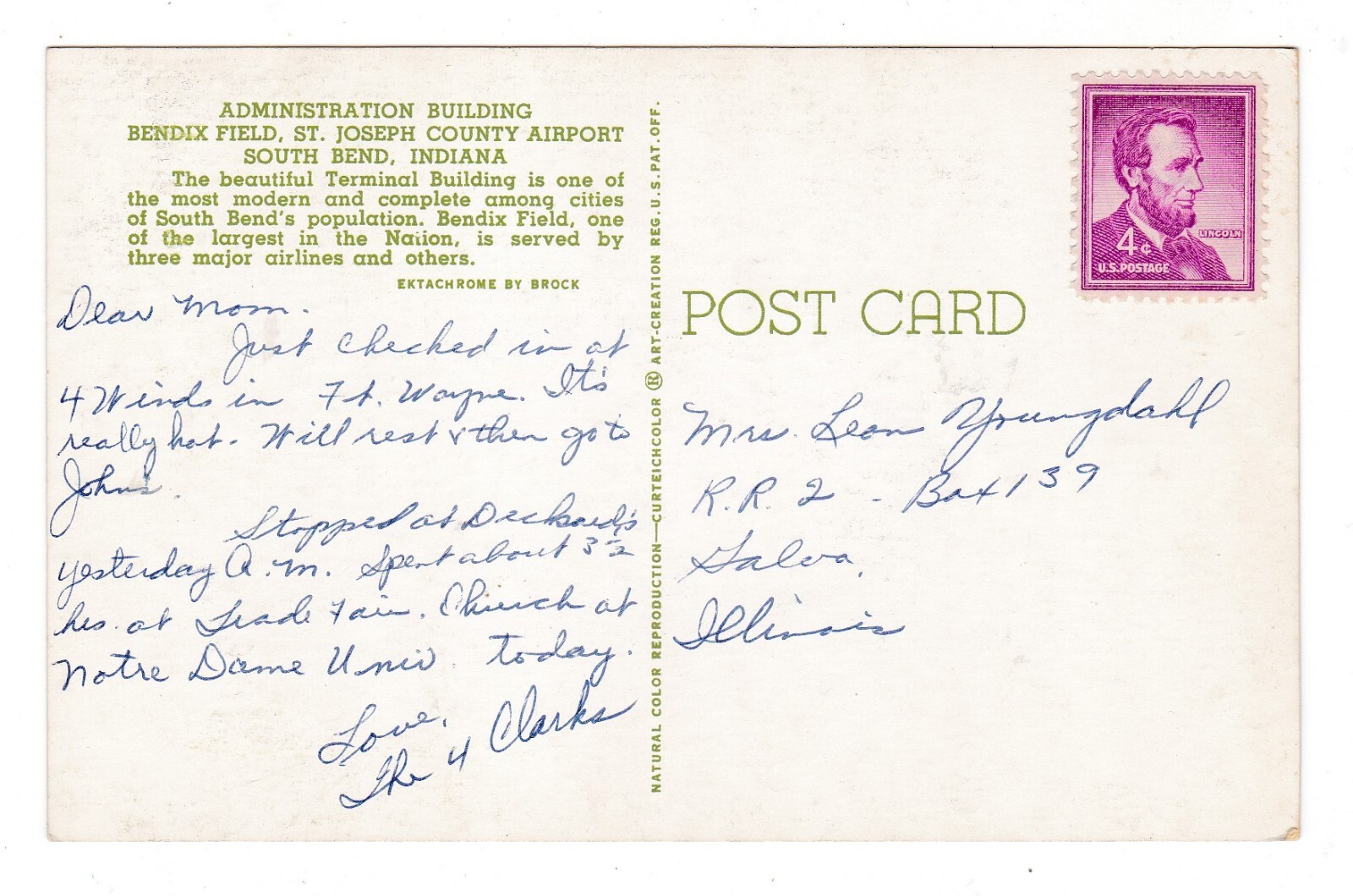 c1960 SOUTH BEND INDIANA BENDIX FIELD AIRPORT UNITED VINTAGE POSTCARD ...