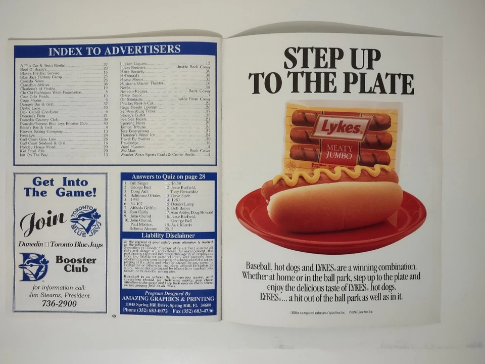 1996 Toronto Blue Jays Spring Training 20th Anniversary Game Program - Image 4 of 4