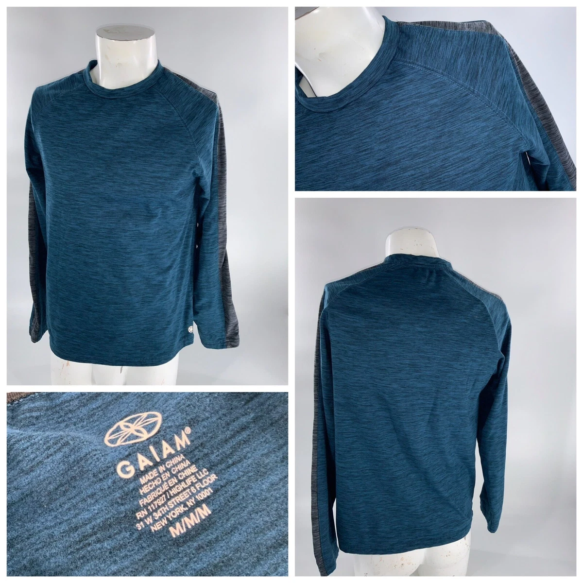 Gaiam Long Sleeve Thermal Shirt M Men Blue Poly Crewneck Mint YGI
