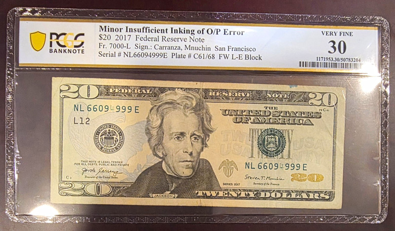 PCGS Banknote 30 $20 Federal Reserve Note Minor Insufficient Inking O/P Error