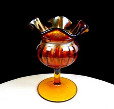 Fenton Carnival Glass Antique Amber Stem Ribbed Marigold 5.5" Mini Compote 1907