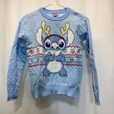 Disney Stitch Sweater Kids Large 10-12 Blue Holiday Reindeer Fair Isle Christmas