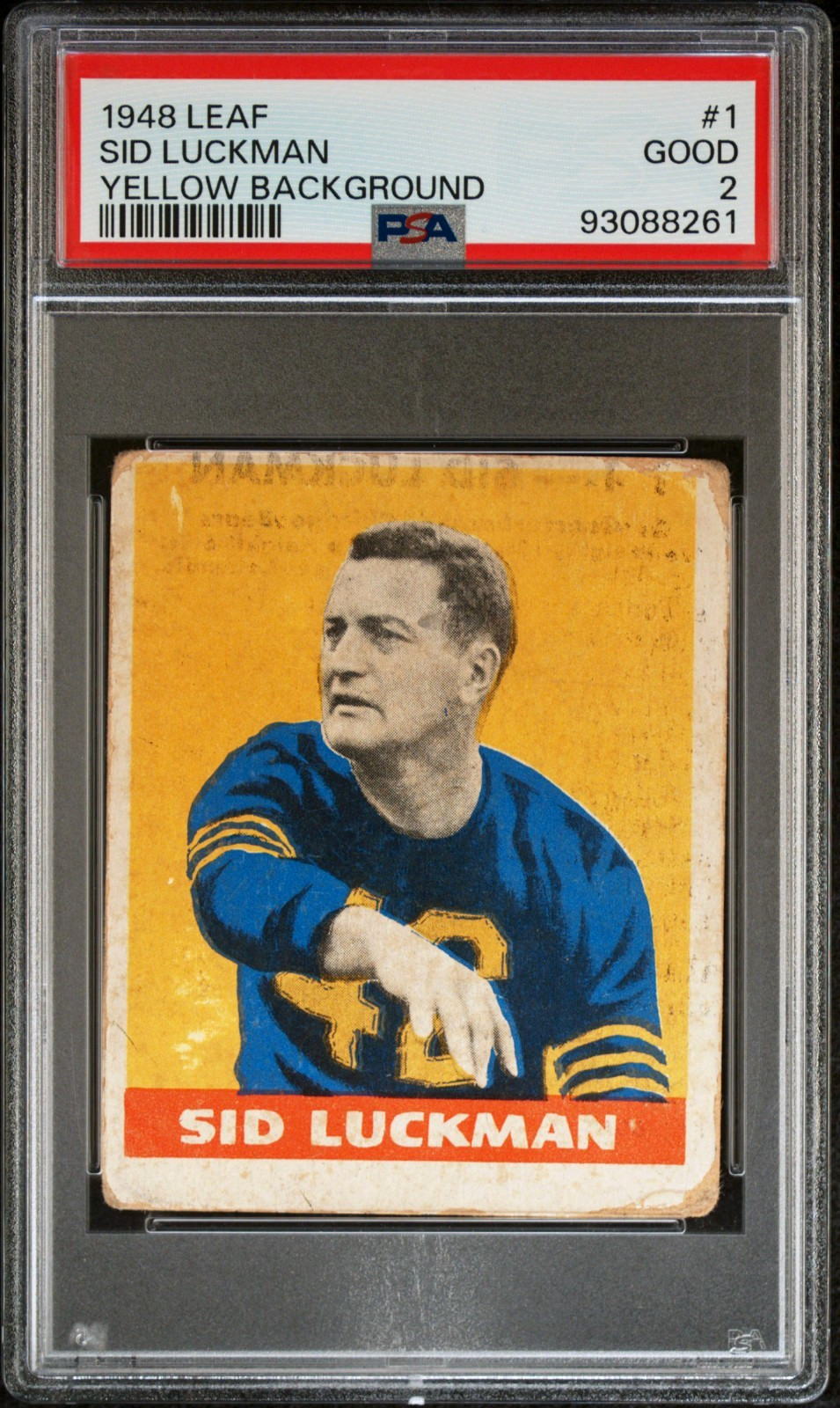 Wet Sheet Transfer Print Flaw 1948 Leaf Sid Luckman #1 PSA 2 Yellow Background