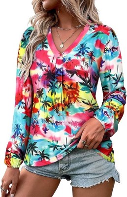 ZXZY Womens Hawaiian Shirt Vintage Leaf Floral Printed Tropical Tops Neck Puff