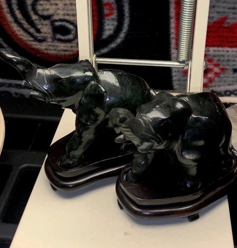 Vintage Chinese Jade Elephant Figurines With Wooden Stands Detailed Hand Carved