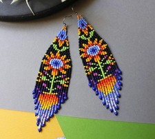 Tribal Earrings Native Large Boho American Seed Beads Handmade Earring