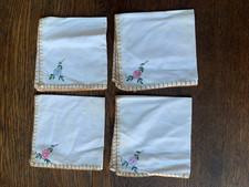 4 Vintage Hand Embroidered Floral Linen Table Napkins Handkerchief with Tan Trim