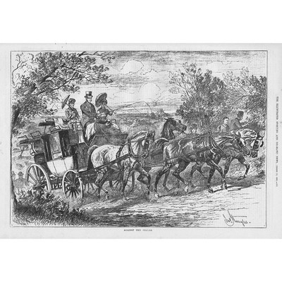 Viktorianische Coaching-Szene gegen den Kragen von John Sturgess antiker Druck 1881