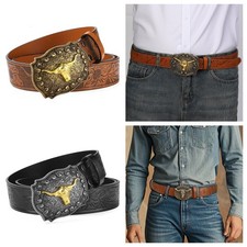 Vintage Western Cowboy Leather Belt Ox Head Carved Alloy Buckle Belts 3.8cm Wide
