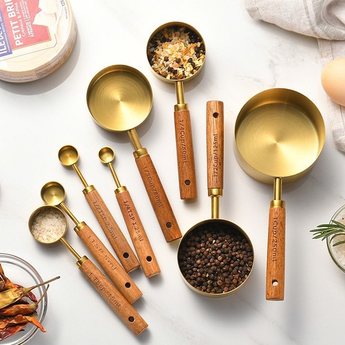 4/8Pcs Wooden Handle Stainless Steel Measuring Cups Spoons Baking Tools ...