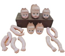 Lot 15 Pc Doll Head Hard Plastic Molded Hair Inset Eyes Ponytail Hair Bun VNTG