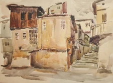 Vintage impressionist cityscape watercolor painting landscape 