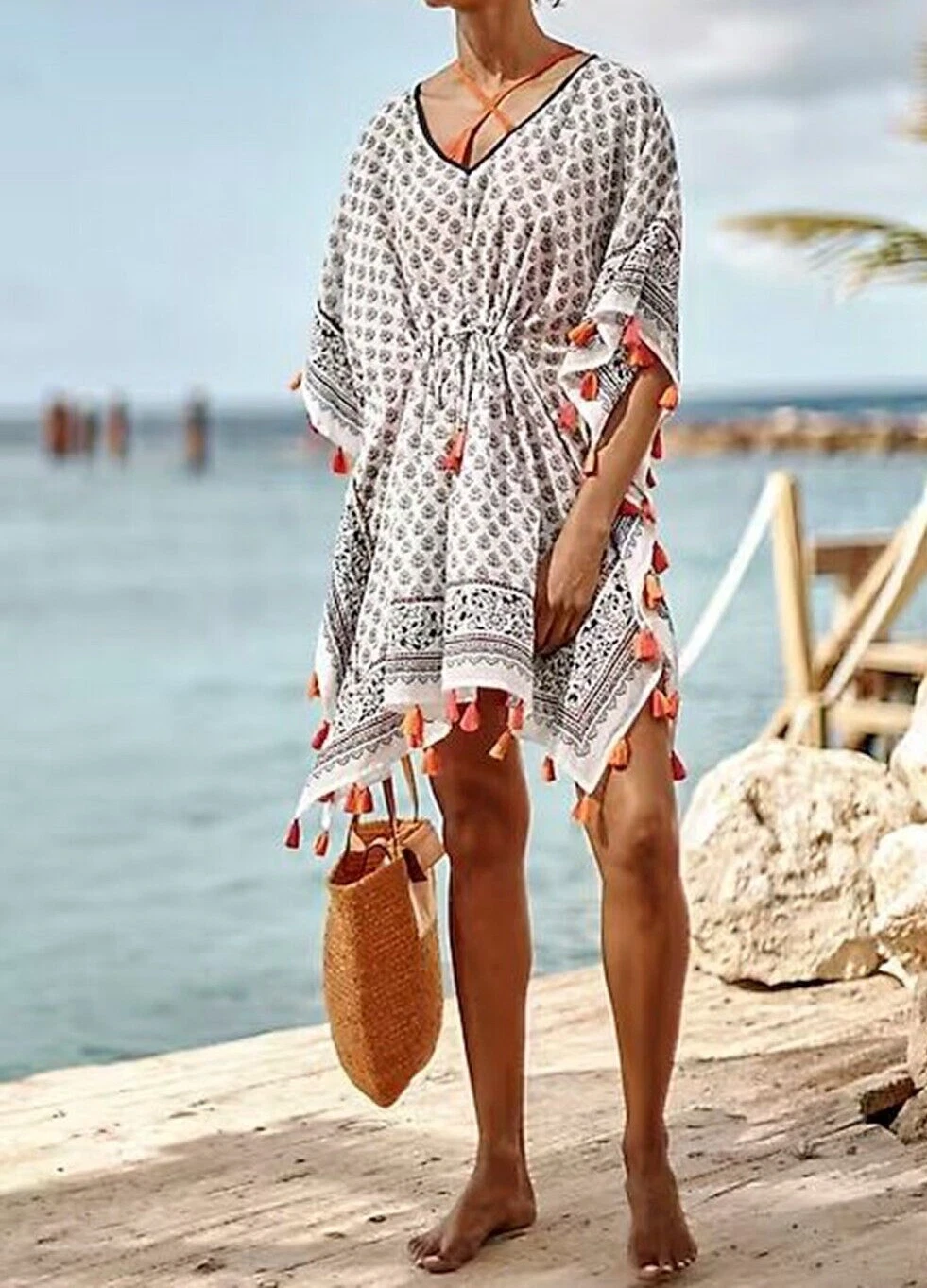NWT J Jill Cinched Poncho W/Tassels Cotton Lt Weight Navy Orange Pink Sz S-L $89
