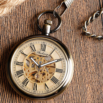 Luxury Vintage Style Automatic Mechanical Wind Up Men Pocket Watch Chain Gifts