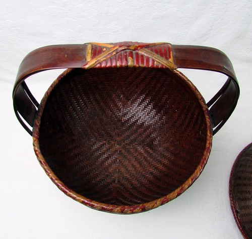 Antigua cesta de boda china tejida mimbre ratán mango redondo con tapa vintage - Imagen 7 de 10