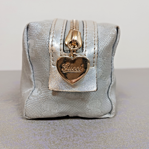 Authentic GUCCI Cosmetic Pouch 153228 GG Canvas Silver Lame Lovely Heart USED - Picture 2 of 22