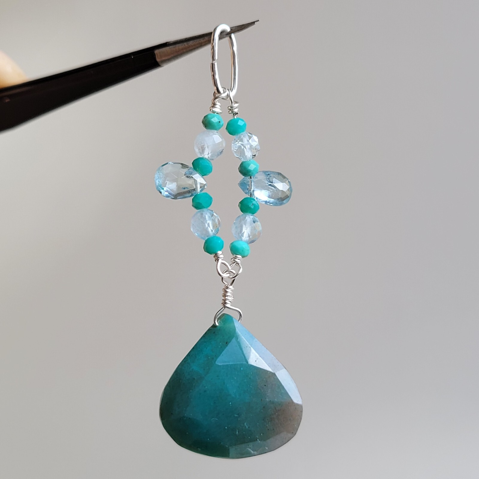 Pendentif en argent 925 serti de turquoise et aigue-marine d'exception