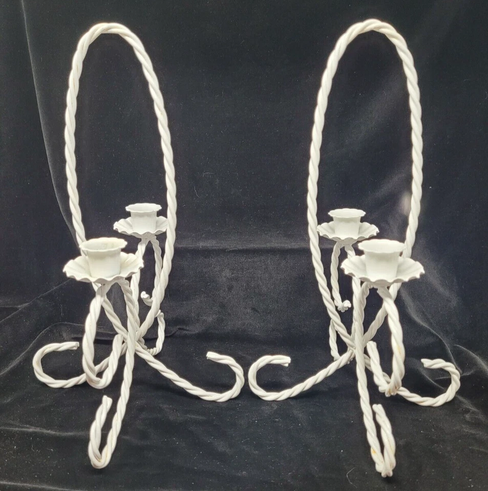 Candelabro vintage de 2 interiores de hogar de metal blanco cuerda trenzada boda Foto 2 de 4