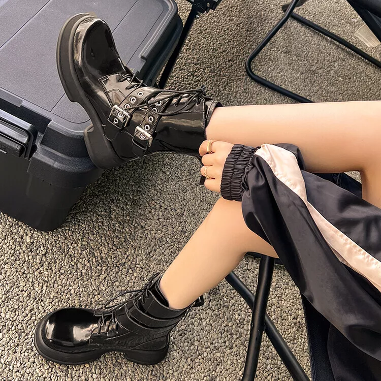 Womens 2022 Fashion Leather Lace Up Buckle Strap Platform Combat Boots Shoes