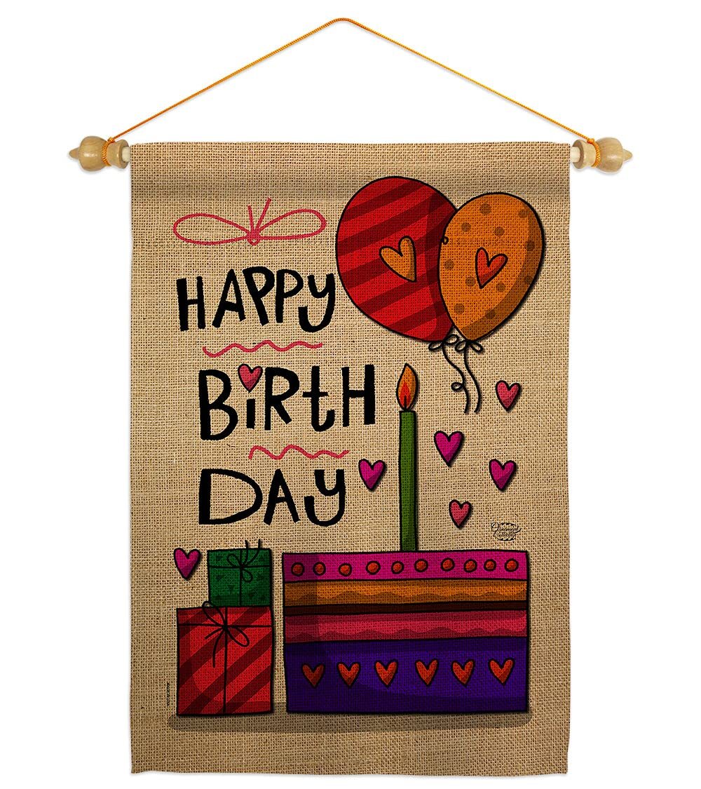 Happy Birthday Garden Flag Set with Wood Dowel for Celebration Cake Gift Party