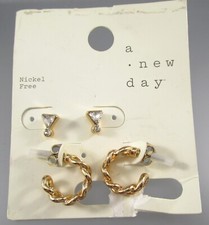 NWT a new day 2 Pairs Rhinestones Hoop Nickle Free Post Earrings 112i