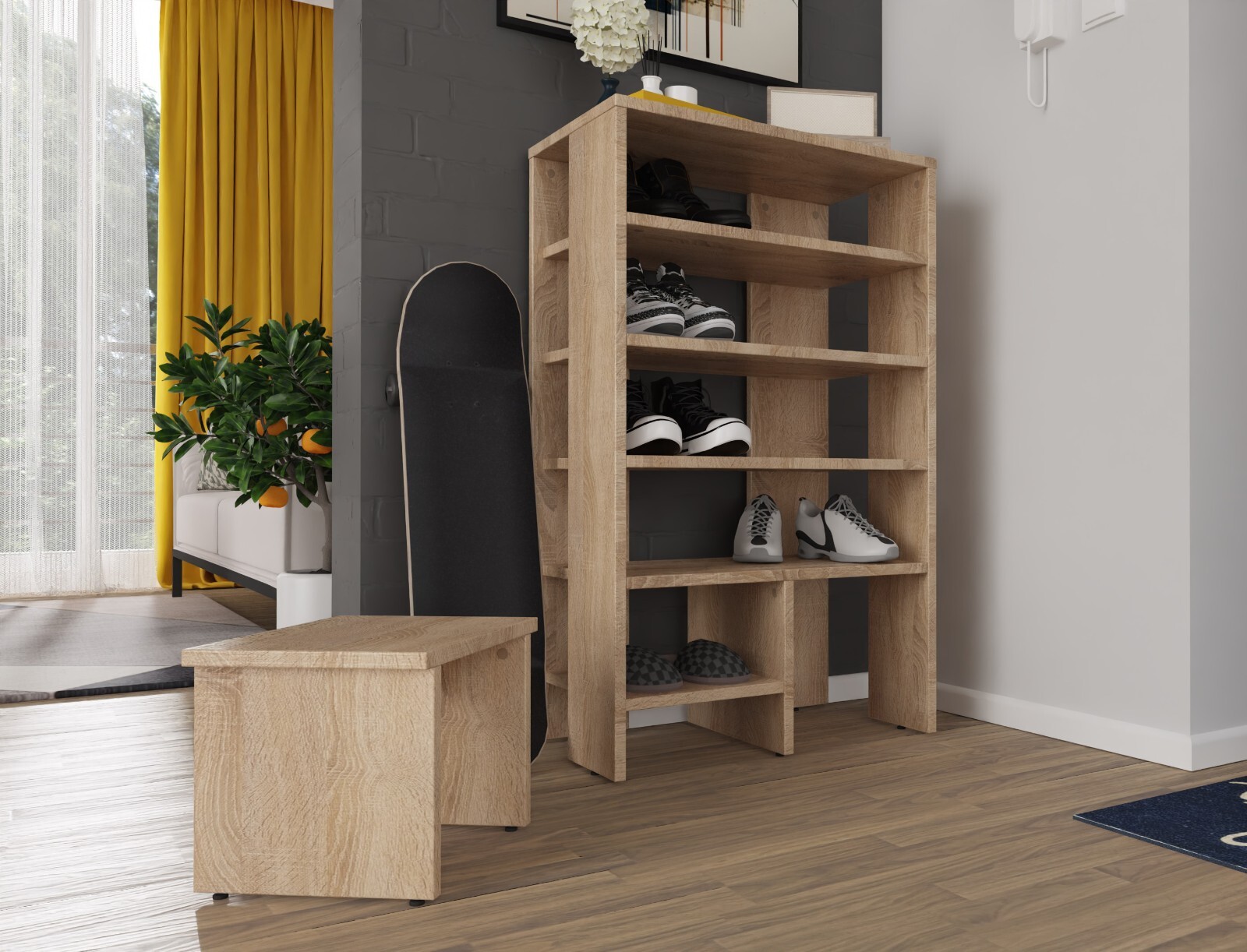 Schuhregal mit Sitz schmal und hoch 100x60x35 cm Schuhablage mit 6 Ebenen